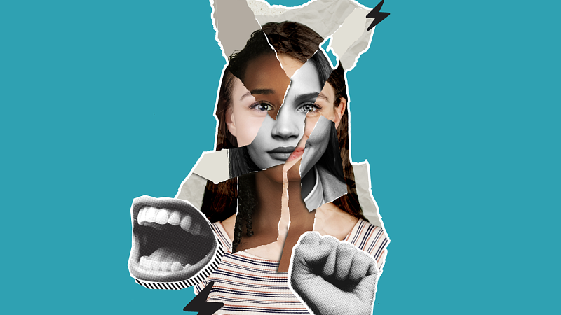 feminist futures collage image on teal background