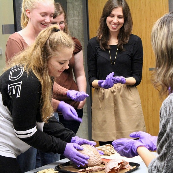 Smiling students huddled around a lab table wearing purple latex gloves. One student is reaching for a brain that is set on a tray on the lab table. 
